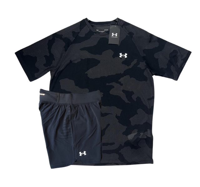 Under Armour Tech Velocity Jacquard Camo T-Shirt and Speedpocket 7 Inch Shorts Set - Black/Grey