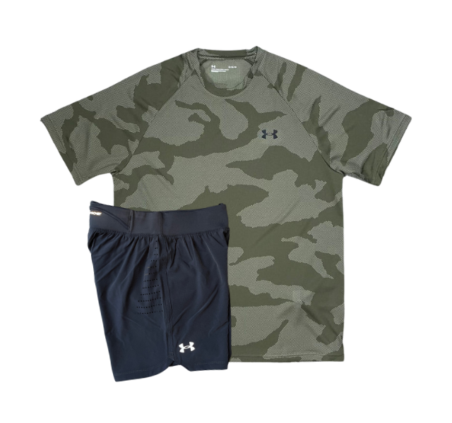Under Armour Tech Velocity Jacquard Camo T-Shirt and Speedpocket 7 Inch Shorts Set - Marine Green/Grey - Active Vault