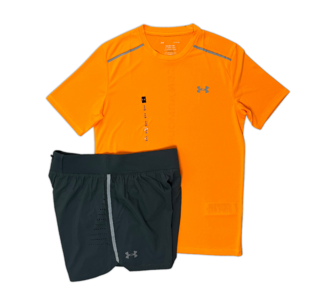 Under Armour Tech T Shirt and Speedpocket Shorts Set Orange Grey