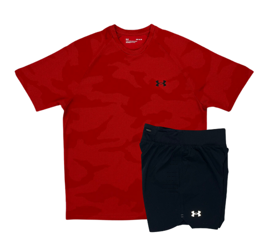 Under Armour Tech Velocity Jacquard Camo T-Shirt and Speedpocket 7 Inch Shorts Set - Red/Black - Active Vault