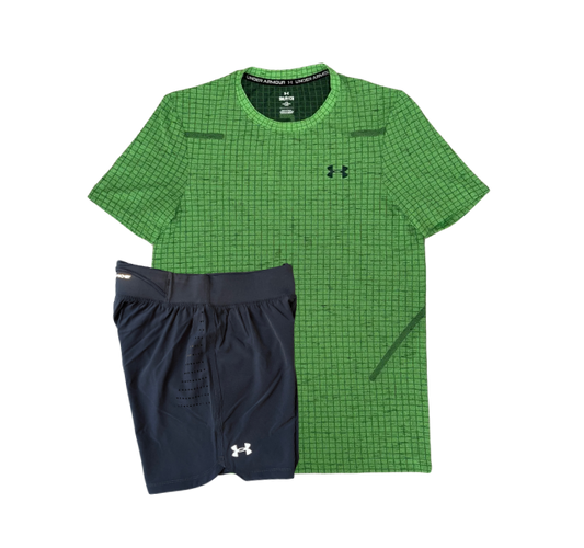 Under Armour Seamless Grid T-Shirt and Speedpocket 5 Inch Shorts Set - Green/Grey