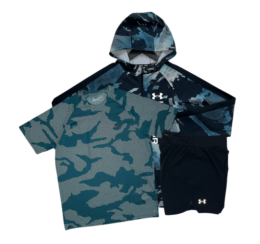 Under Armour Velocity Jacquard T-Shirt - Windbreaker - Speedpocket Shorts Outfit - Blue/Turquoise/Black (SIZE UP ON JACKET)