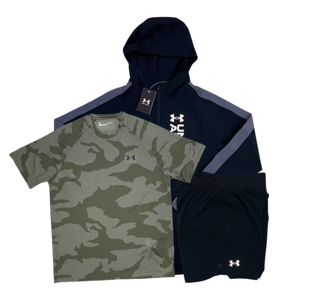 Under Armour Velocity Jacquard T-Shirt - Windbreaker - Speedpocket Shorts Outfit - Marine Green/Black