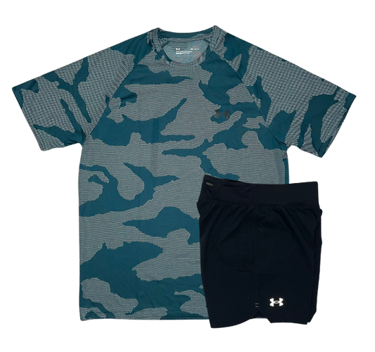 Under Armour Tech Velocity Jacquard Camo T-Shirt and Speedpocket 7 Inch Shorts Set - Turquoise/Black - Active Vault