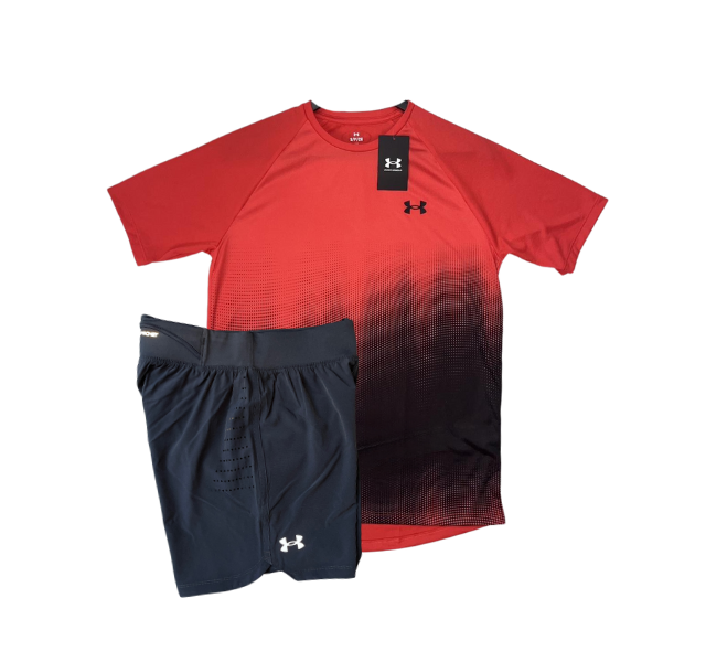 Under Armour Tech Fade T-Shirt and Speedpocket 5 Inch Shorts Set - Red/Grey