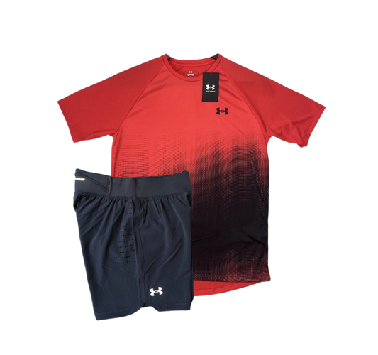 Under Armour Tech Fade T-Shirt and Speedpocket 5 Inch Shorts Set - Red/Grey