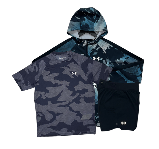 Under Armour Velocity Jacquard T-Shirt - Windbreaker - Speedpocket Shorts Outfit - Navy/Blue/Black (SIZE UP ON JACKET)