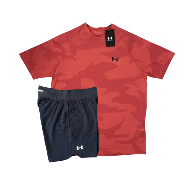 Under Armour Tech Velocity Jacquard Camo T-Shirt and Speedpocket 5 Inch Shorts Set - Beta Red/Grey