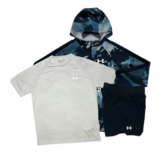 Under Armour Velocity Jacquard T-Shirt - Windbreaker - Speedpocket Shorts Outfit - White/Blue/Black (SIZE UP ON JACKET)