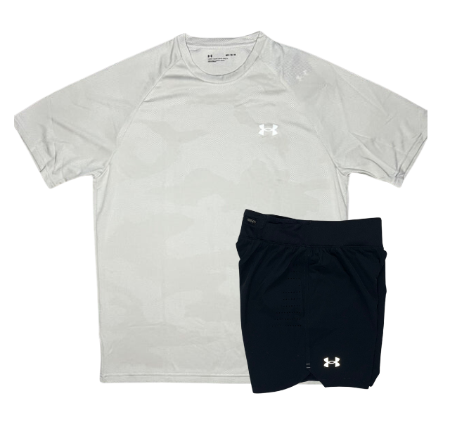 Under Armour Tech Velocity Jacquard Camo T-Shirt and Speedpocket 7 Inch Shorts Set - White/Black - Active Vault