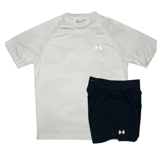 Under Armour Tech Velocity Jacquard Camo T-Shirt and Speedpocket 7 Inch Shorts Set - White/Black
