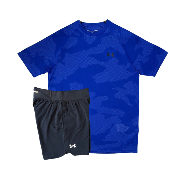 Under Armour Tech Velocity Jacquard Camo T-Shirt and Speedpocket 7 Inch Shorts Set - Blue/Grey