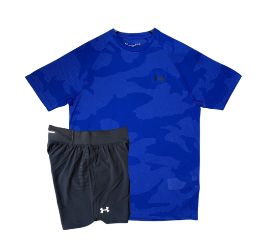 Under Armour Tech Velocity Jacquard Camo T-Shirt and Speedpocket 7 Inch Shorts Set - Blue/Grey