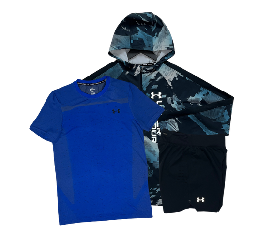 Under Armour Seamless T-Shirt - Windbreaker - Speedpocket Shorts Outfit - Blue/Blue/Black (SIZE UP ON JACKET)