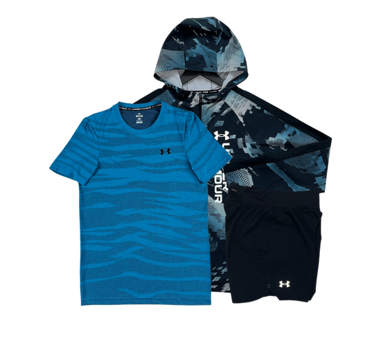 Under Armour Seamless Wave T-Shirt - Windbreaker - Speedpocket Shorts Outfit - Blue/Blue/Black (SIZE UP ON JACKET)