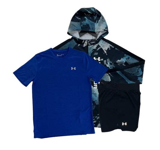 Under Armour Training Vent T-Shirt - Windbreaker - Speedpocket Shorts Outfit - Blue/Blue/Black (SIZE UP ON JACKET)
