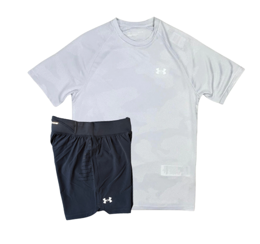 Under Armour Tech Velocity Jacquard Camo T-Shirt and Speedpocket 7 Inch Shorts Set - White/Grey - Active Vault