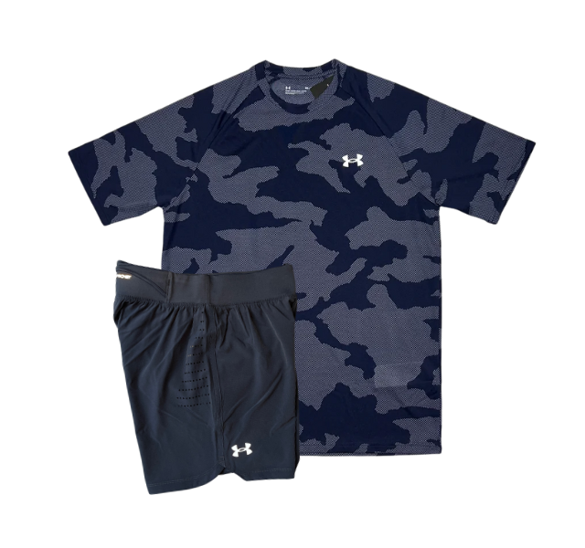 Under Armour Tech Velocity Jacquard Camo T-Shirt and Speedpocket 7 Inch Shorts Set - Navy/Grey - Active Vault