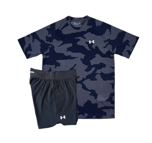 Under Armour Tech Velocity Jacquard Camo T-Shirt and Speedpocket 7 Inch Shorts Set - Navy/Grey - Active Vault