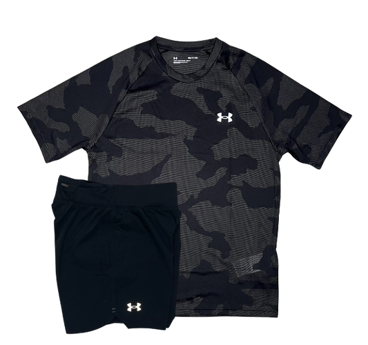 Under Armour Tech Velocity Jacquard Camo T-Shirt and Speedpocket 7 Inch Shorts Set - Black/Black