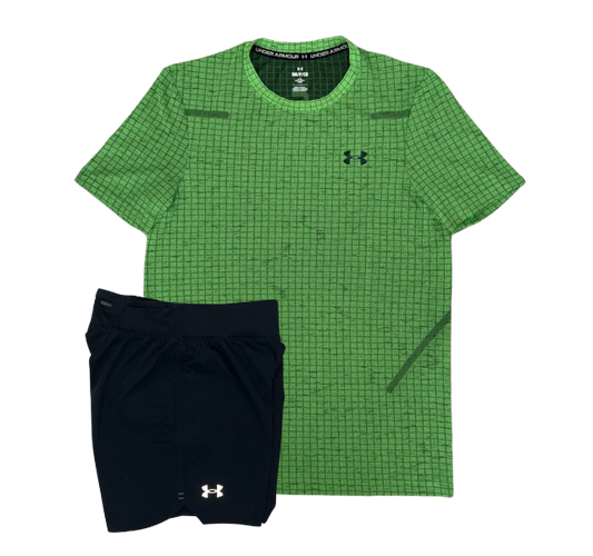 Under Armour Seamless Grid T-Shirt and Speedpocket 7 Inch Shorts Set - Green/Black