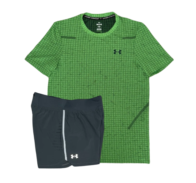 Under Armour Seamless Grid T-Shirt and Speedpocket 5 Inch Shorts Set - Green/Grey