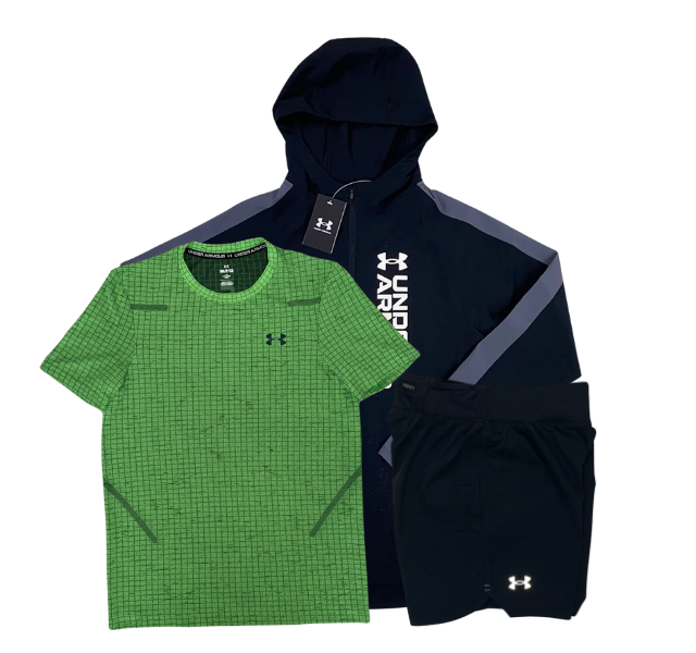 Under Armour Seamless Grid T-Shirt - Windbreaker - Speedpocket Shorts Outfit - Green/Black
