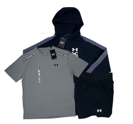 Under Armour Tech Tape T-Shirt - Windbreaker - Speedpocket Shorts Outfit - Grey/Black