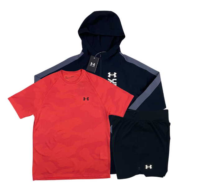 Under Armour Velocity Jacquard T-Shirt - Windbreaker - Speedpocket Shorts Outfit - Pink/Black