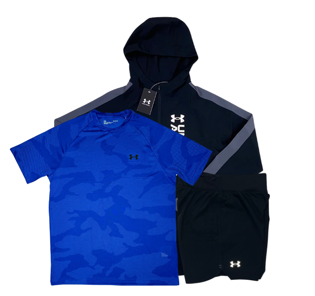 Under Armour Velocity Jacquard T-Shirt - Windbreaker - Speedpocket Shorts Outfit - Blue/Black