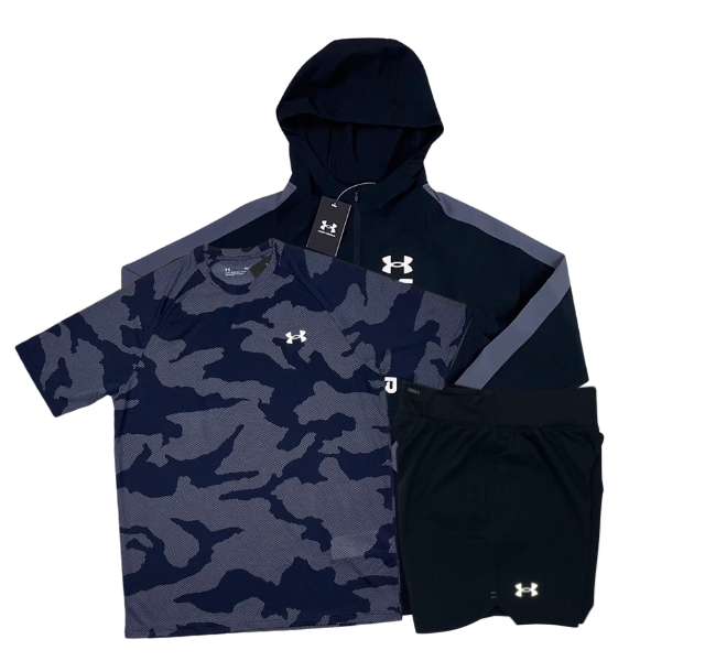 Under Armour Velocity Jacquard T-Shirt - Windbreaker - Speedpocket Shorts Outfit - Navy/Black