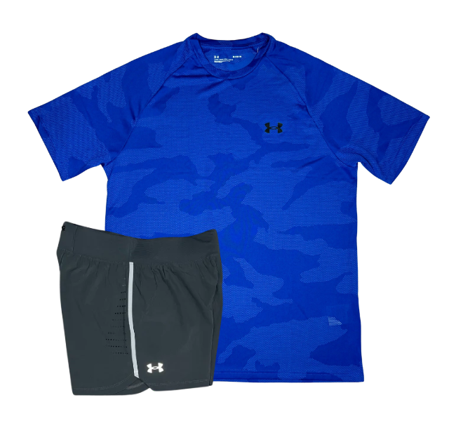 Under Armour Tech Velocity Jacquard Camo T-Shirt and Speedpocket 5 Inch Shorts Set - Blue/Grey