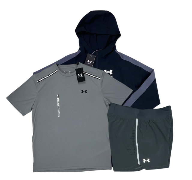Under Armour Tech Tape T-Shirt - Windbreaker - Speedpocket Shorts Outfit - Grey/Black/Grey