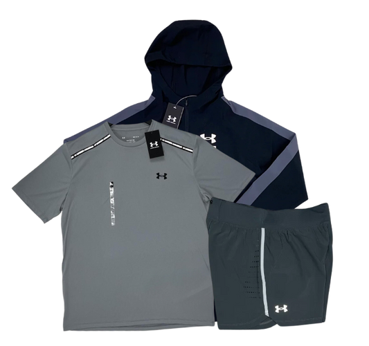 Under Armour Tech Tape T-Shirt - Windbreaker - Speedpocket Shorts Outfit - Grey/Black/Grey