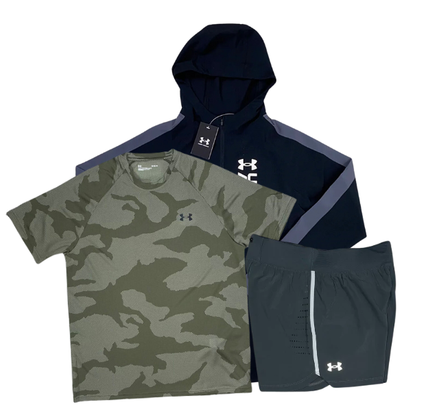 Under Armour Velocity Jacquard T-Shirt - Windbreaker - Speedpocket Shorts Outfit - Marine Green/Black/Grey
