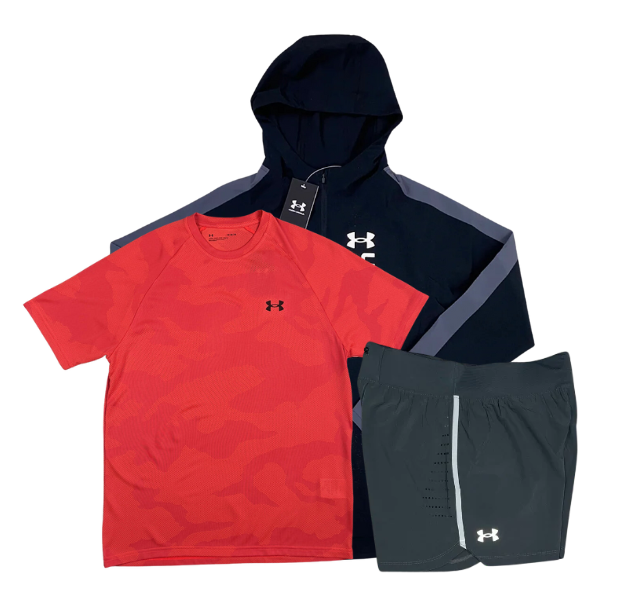 Under Armour Velocity Jacquard T-Shirt - Windbreaker - Speedpocket Shorts Outfit - Pink/Black/Grey