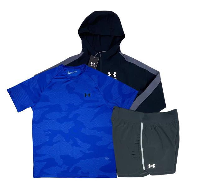 Under Armour Velocity Jacquard T-Shirt - Windbreaker - Speedpocket Shorts Outfit - Blue/Black/Grey