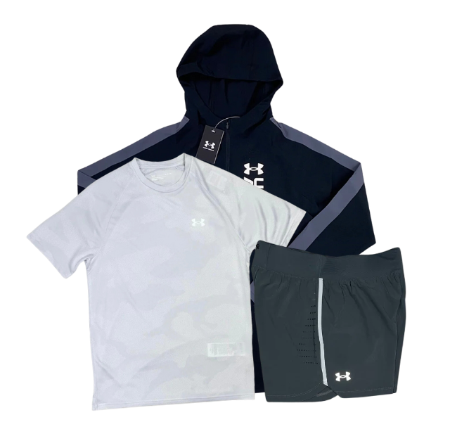 Under Armour Velocity Jacquard T-Shirt - Windbreaker - Speedpocket Shorts Outfit - White/Black/Grey