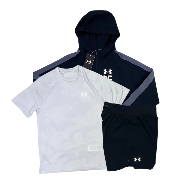 Under Armour Velocity Jacquard T-Shirt - Windbreaker - Speedpocket Shorts Outfit - White/Black
