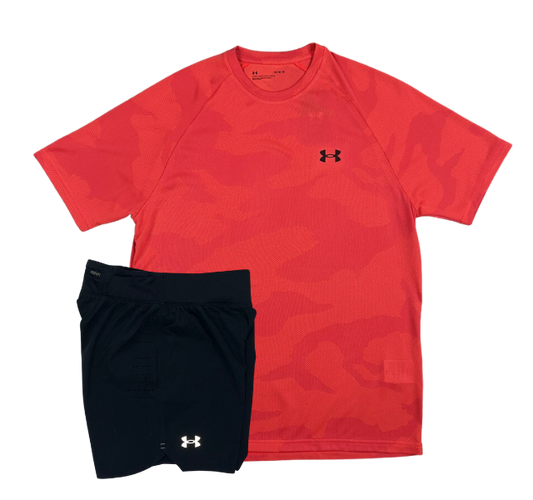 Under Armour Tech Velocity Jacquard Camo T-Shirt and Speedpocket 7 Inch Shorts Set - Beta Red/Black
