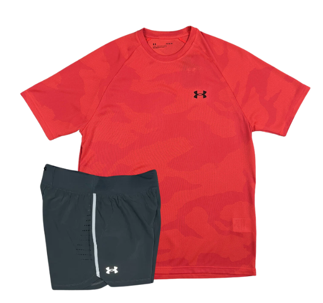 Under Armour Tech Velocity Jacquard Camo T-Shirt and Speedpocket 5 Inch Shorts Set - Pink/Grey