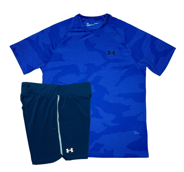Under Armour Tech Velocity Jacquard Camo T-Shirt and Speedpocket 7 Inch Shorts Set - Blue/Blue