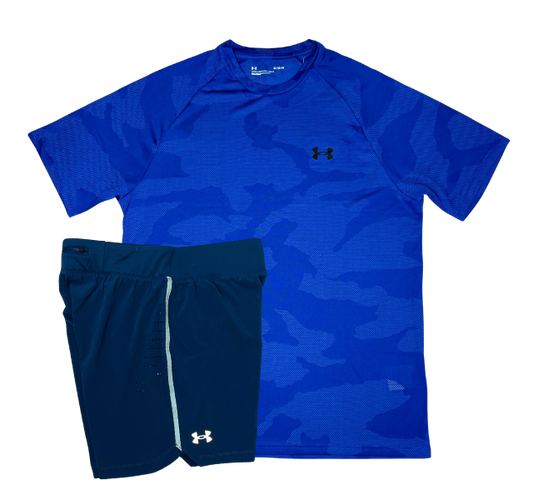 Under Armour Tech Velocity Jacquard Camo T-Shirt and Speedpocket 7 Inch Shorts Set - Blue/Blue
