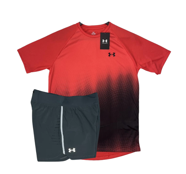 Under Armour Tech Fade T-Shirt and Speedpocket 5 Inch Shorts Set - Red/Grey