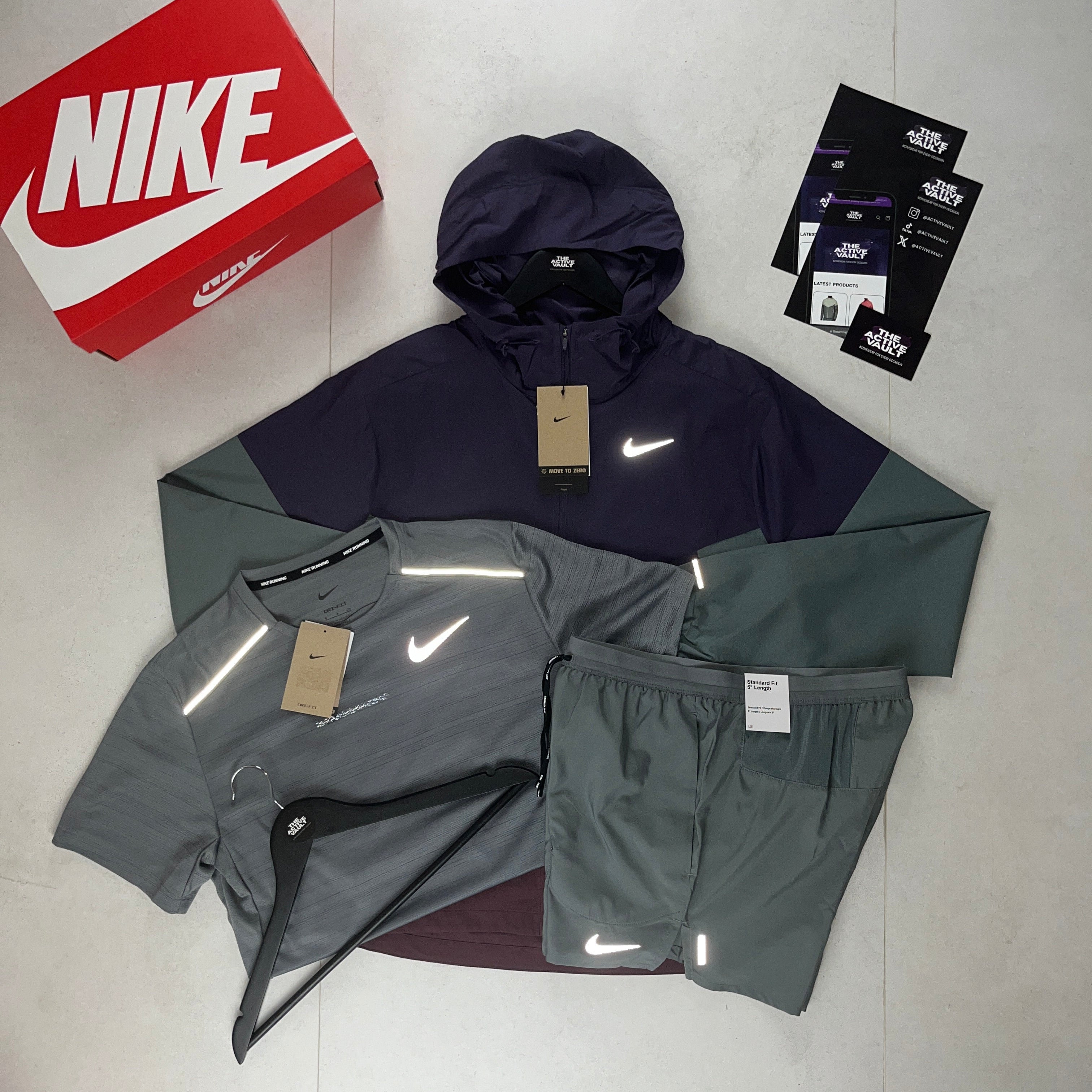 Nike Miler T-Shirt - Windrunner - Flex Stride Shorts Outfit - Smoke Grey / Burgundy Crush / Smoke Grey - Active Vault