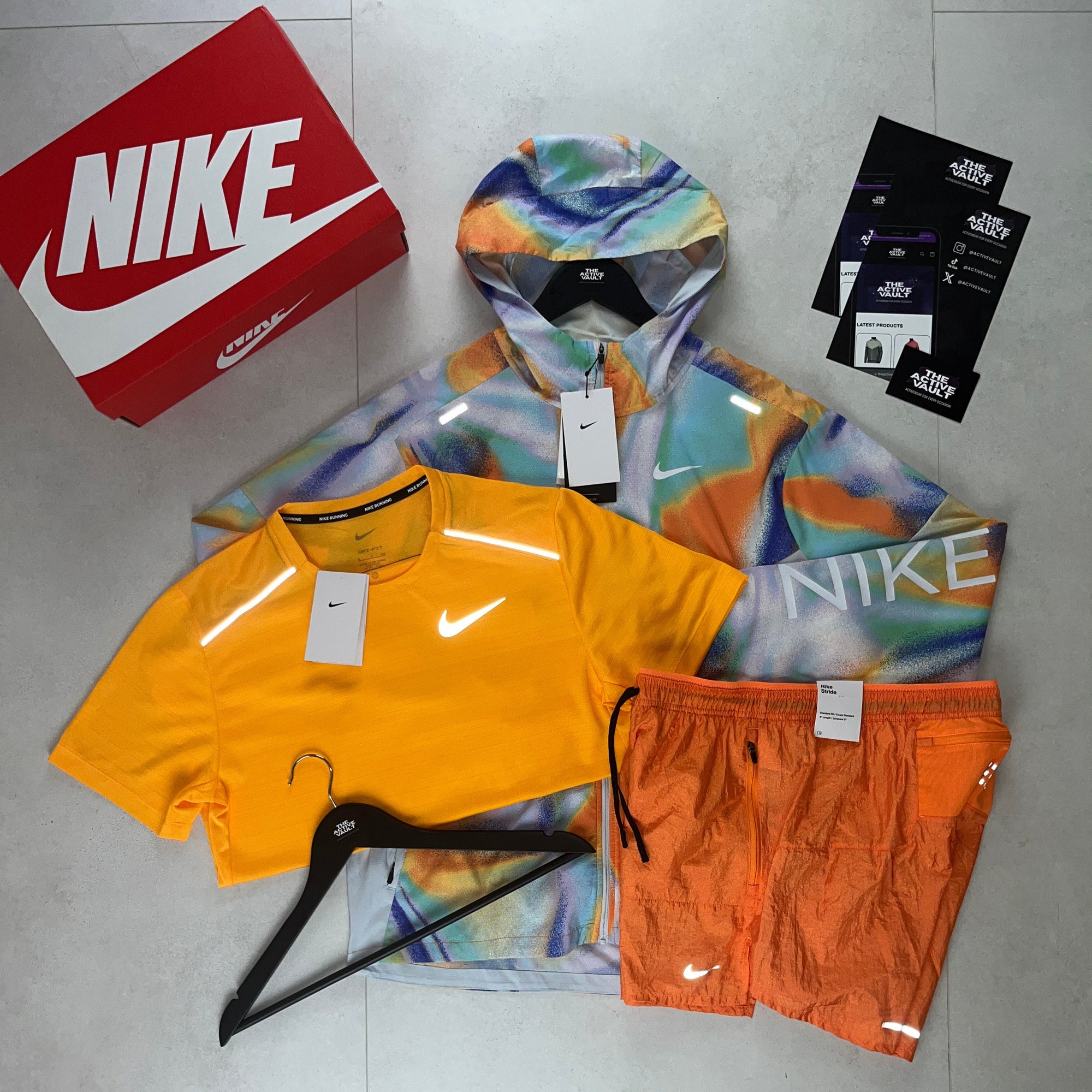 Nike Miler T-Shirt - Windrunner - Flex Stride Shorts Outfit - Sundial Orange / Metallic Rainbow / Bright Mandarin - Active Vault