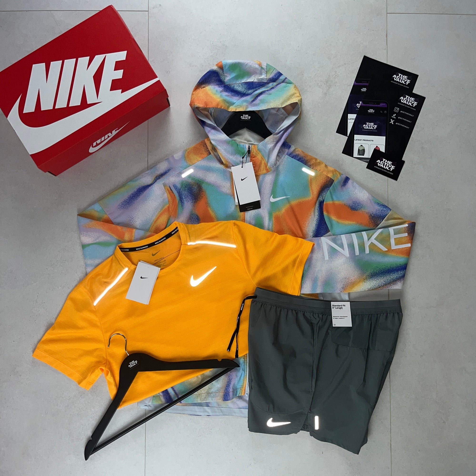 Nike Miler T-Shirt - Windrunner - Flex Stride Shorts Outfit - Sundial Orange / Metallic Rainbow / Smoke Grey - Active Vault