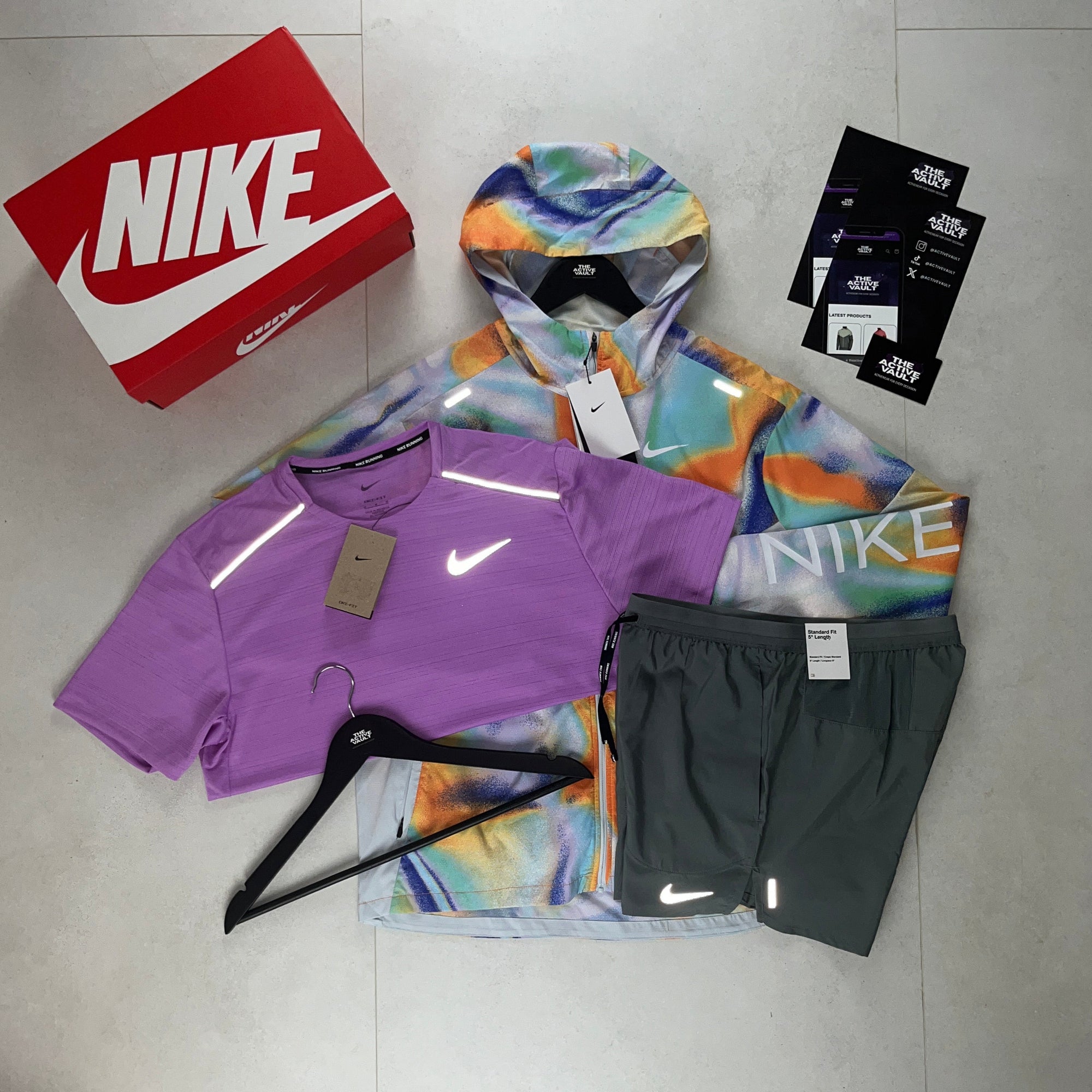 Nike Miler T-Shirt - Windrunner - Flex Stride Shorts Outfit - Candy Pink / Metallic Rainbow / Smoke Grey - Active Vault