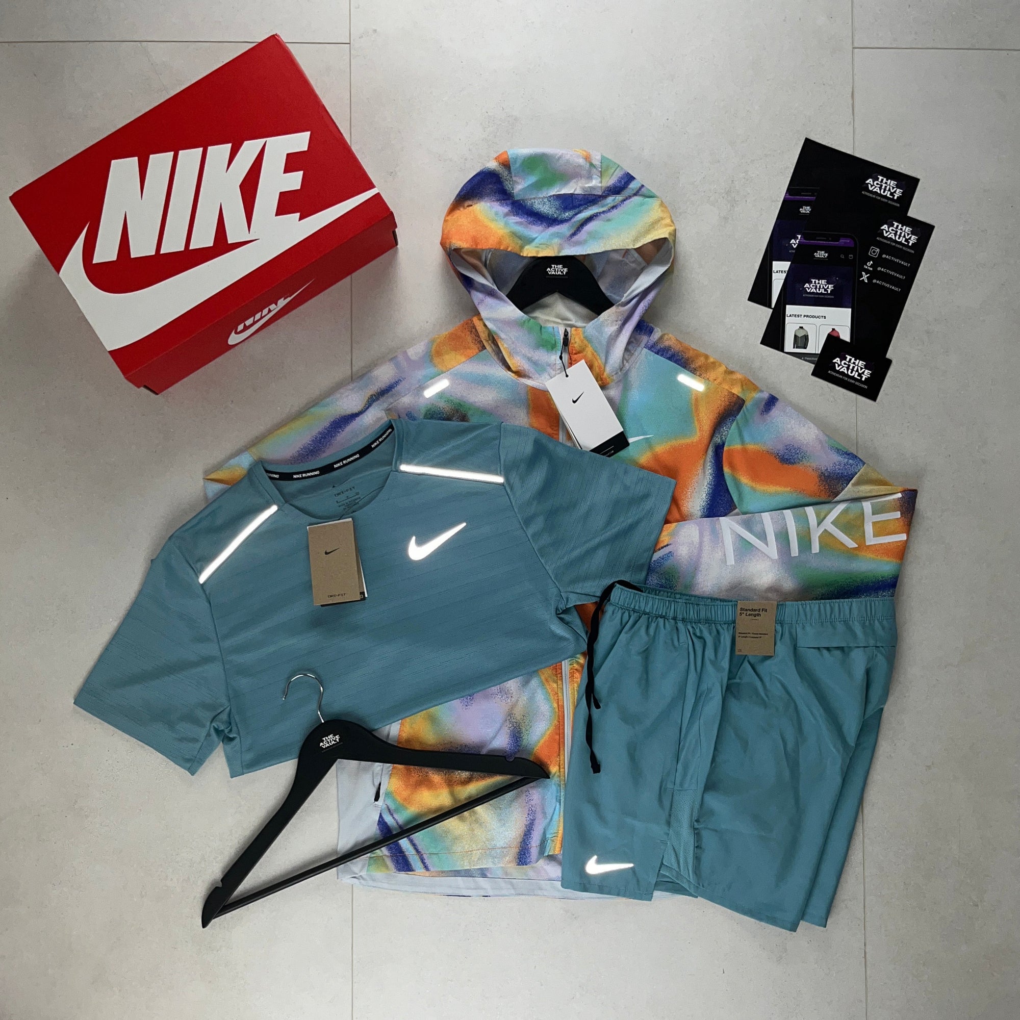 Nike Miler T-Shirt - Windrunner - Challenger Shorts Outfit - Denim Turquoise / Metallic Rainbow / Denim Turquoise - Active Vault