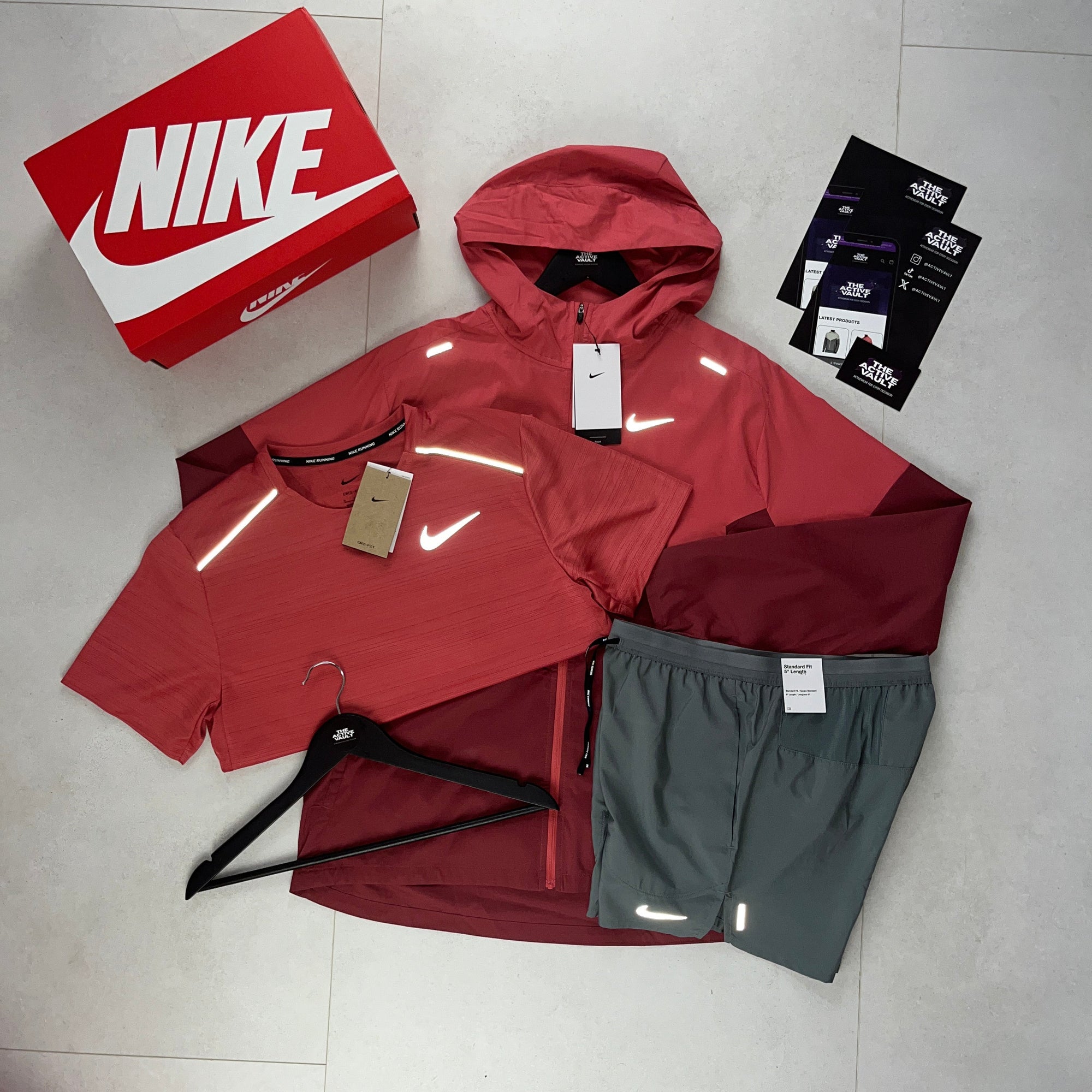 Nike Miler T-Shirt - Windrunner - Flex Stride Shorts Outfit - Adobe Red / Adobe Red / Smoke Grey - Active Vault